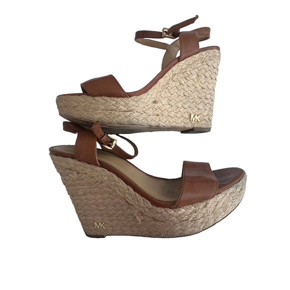 Michael Kors Espadrille Wedge Womens Cognac Leather Ankle Strap Buckle Size 8M - Picture 1 of 7